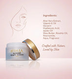 Hinza glowing night cream with ingredients list on a pink background